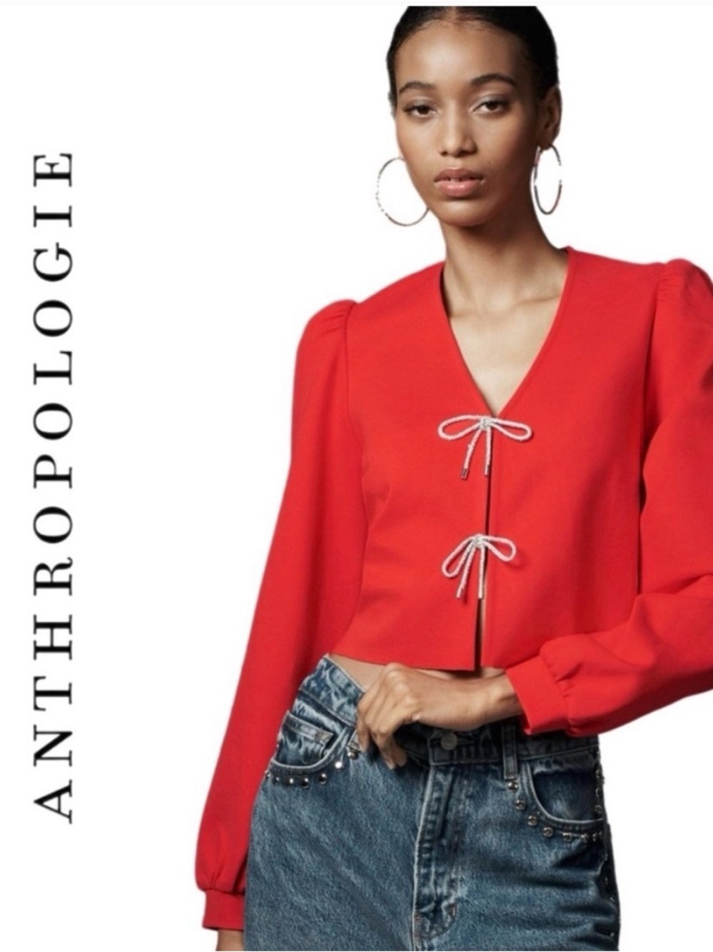 Anthropologie Red V-Neck Tie-Front Blouse - Picture 5 of 13